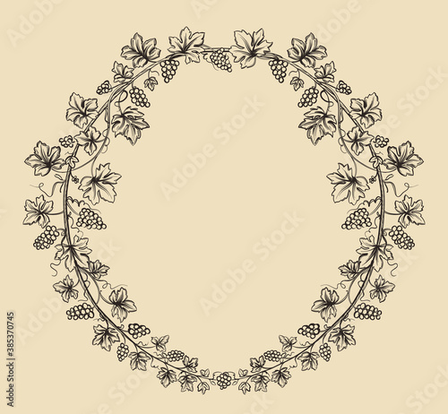 Round grapevine frame. Vintage print. Hand drawing. Vector illustration.