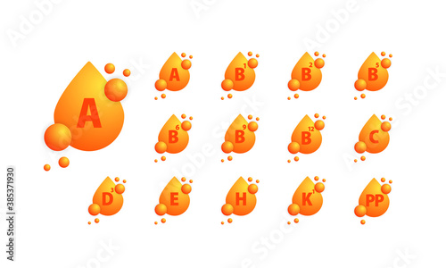 Vitamin icons set. Organic vitamin gold drop. Vitamin A B1 B2 B12 C D3 E H K1 PP. Vitamins group set. Nutrition sign vector concept. Vector. EPS 10