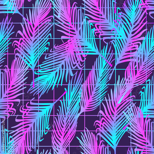 Seamless vector pattern with neon palm leaves. Tropical glowing background with grid. Vaporwave, retrowave, synth music style concept