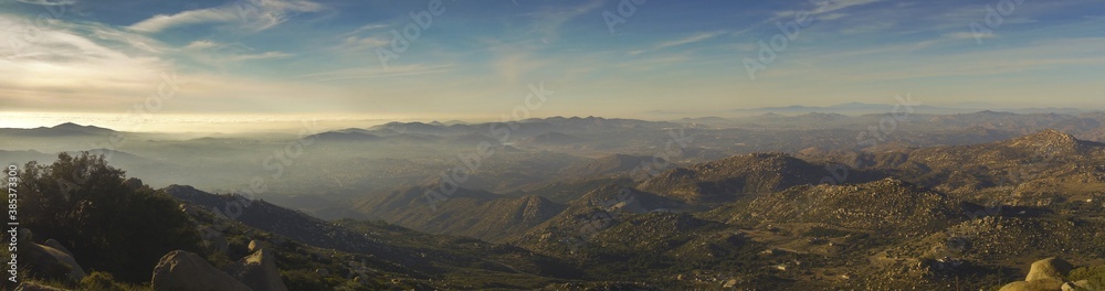 Wide Panoramic Scenic Landscape of San Diego County Inland and Distant Marine Layer over Pacific Ocean from Summit of Mount Woodson in Poway California