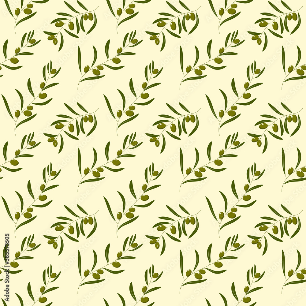 Vector pattern olive branch on light yellow background. For labels, packaging. Vector pattern olive branch on light yellow background. For labels, packaging.