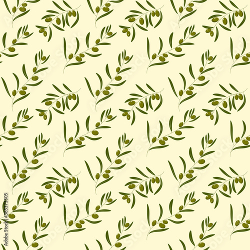 Vector pattern olive branch on light yellow background. For labels, packaging.
