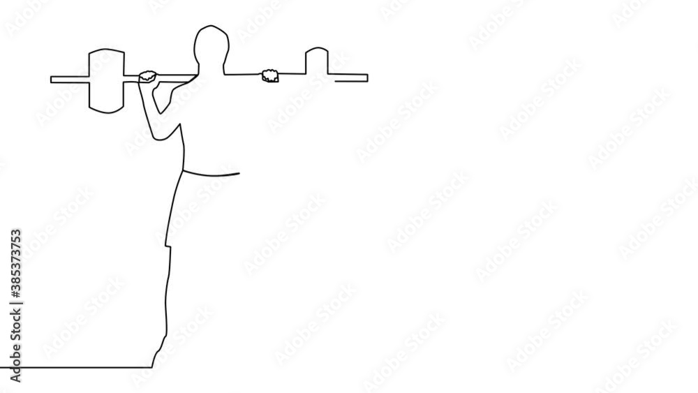 Self-drawing animation of a man, weight lifting. Continuous one line drawing of male bodybuilder hand drawn silhouette animate. Workout gym illustration.