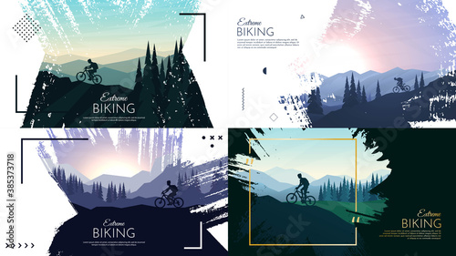 Vector illustration. Travel concept of discovering. Explore and observe nature. Paint ink brush overlay. Flat design template of web banner, website template. Landscapes set. Backgrounds collection