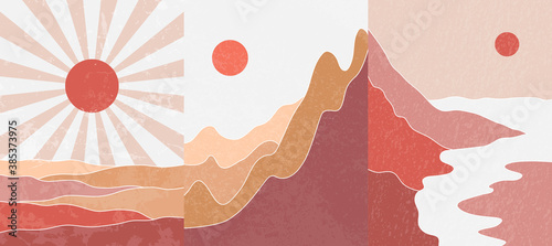 Vector illustration. Abstract contemporary aesthetic backgrounds. Landscapes set. Earth tone colors. Boho wall decor. Modern art print. Flat design for book cover, poster, banner, brochure, flyer