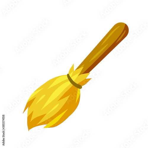Broom. Drawing besom. Retro cleaning tool. Wooden stick. Household chores. Cartoon flat illustration