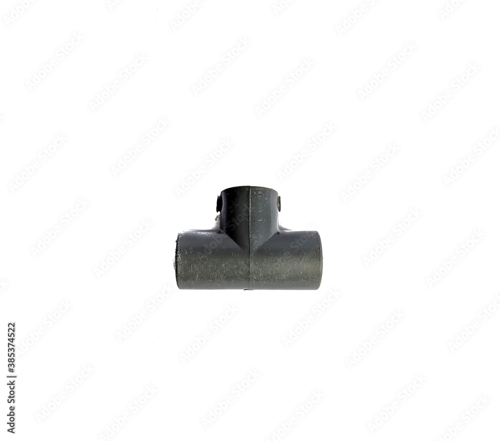 PVC pipe tee joint on white background, plumbing concept PVC pipe tee joint on white background, plumbing concept