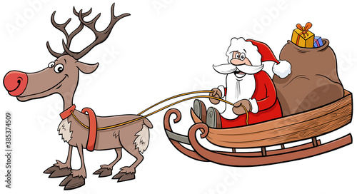 Santa Claus on sleigh with reindeer and Christmas presents