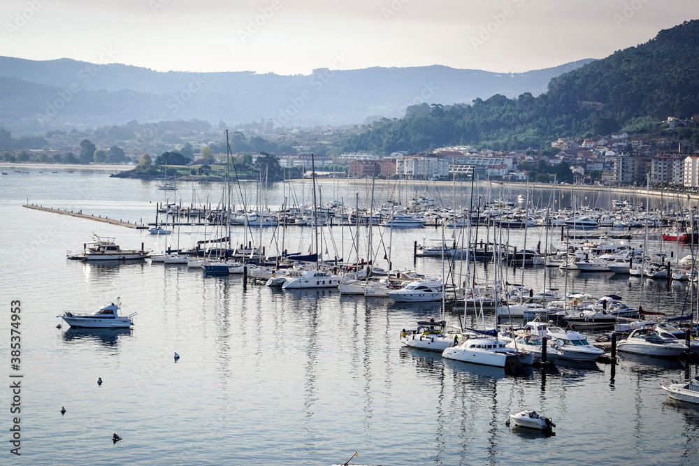 Panoramic view of the marina of the city of Baiona