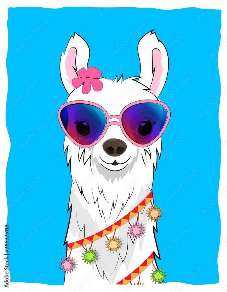 Fototapeta premium Postcard with a white llama in a flower wreath and colorful garlands on a blue background. Vector.