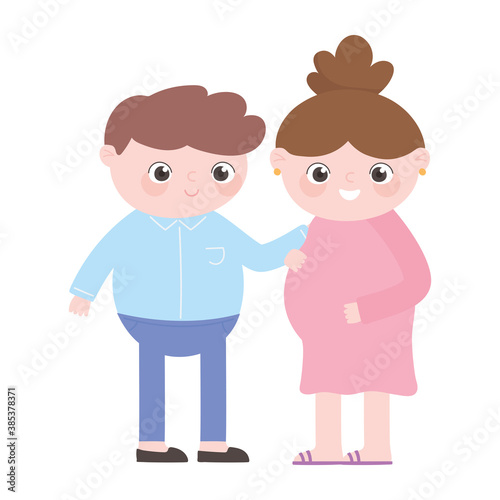 pregnancy and maternity, pregnant woman and father together cartoon