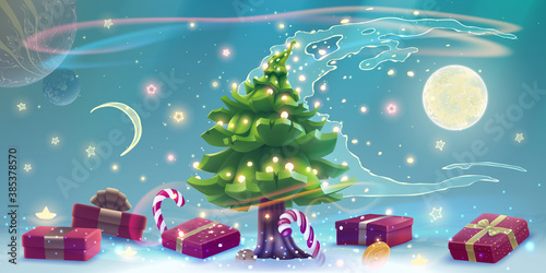 Magic Christmas tree with presents and glow snowflakes for New Year greeting card in vector. Fantasy winter illustration with tree and bright snow.