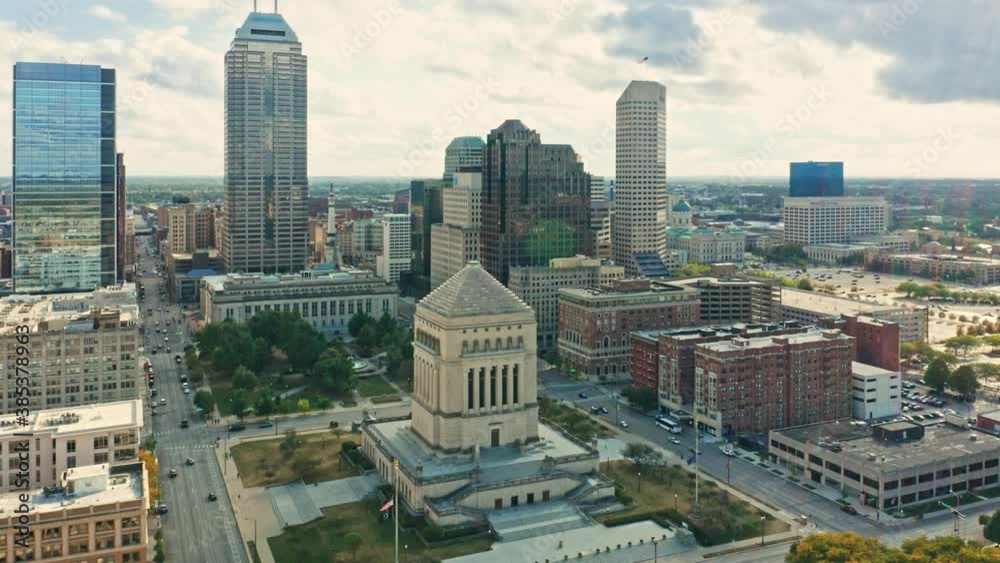 Aerial view of Indianapolis, Indiana skyline above Indiana World War Memorial and University park, and along Meridian and Pennsylvania streets.