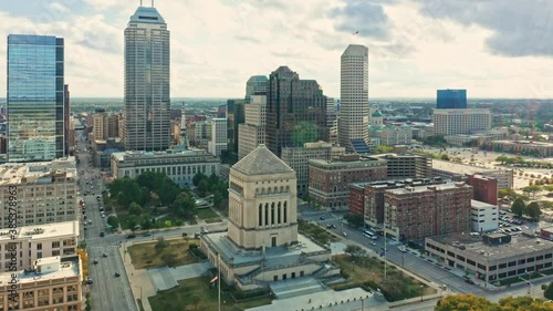 Aerial view of Indianapolis, Indiana skyline above Indiana World War Memorial and University park, and along Meridian and Pennsylvania streets.
