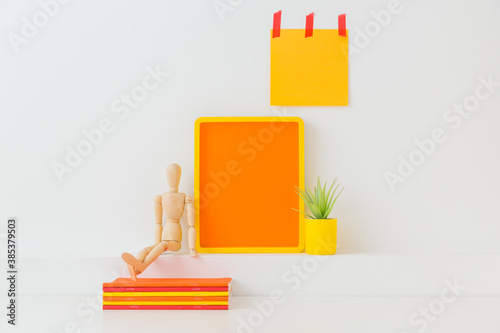 Creative desk with colorful office supplies photo or picture frame. Back to school, homeschool concept, background.