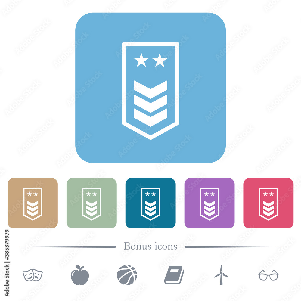 Military insignia with three chevrons and two stars flat icons on color rounded square backgrounds Military insignia with three chevrons and two stars flat icons on color rounded square backgrounds