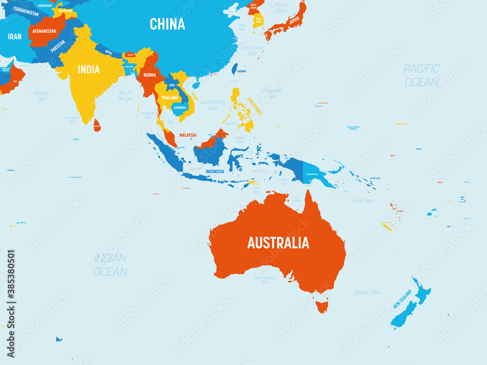 Obraz premium Australia and Southeast Asia map - 4 bright color scheme. High detailed political map of australian and southeastern Asia region with country, ocean and sea names labeling