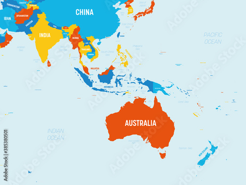Australia and Southeast Asia map - 4 bright color scheme. High detailed political map of australian and southeastern Asia region with country, ocean and sea names labeling