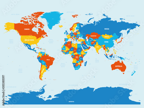 Fototapeta Naklejka Na Ścianę i Meble -  World map - 4 bright color scheme. High detailed political map of World with country, ocean and sea names labeling