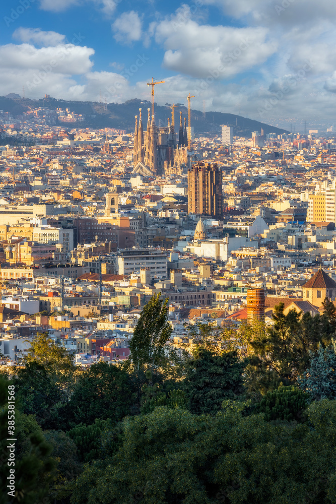 Vertical landscape of famous city Barcelona in Spain