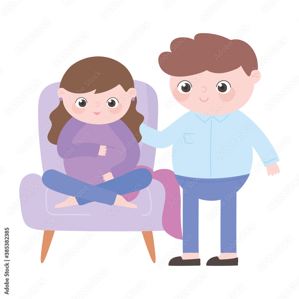 pregnancy and maternity, cute pregnant woman sitting on chair and husband cartoon pregnancy and maternity, cute pregnant woman sitting on chair and husband cartoon