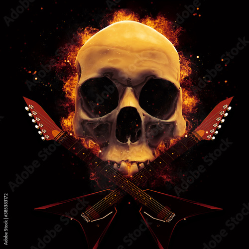 Heavy metal guitars and a cranium of a skull on fire