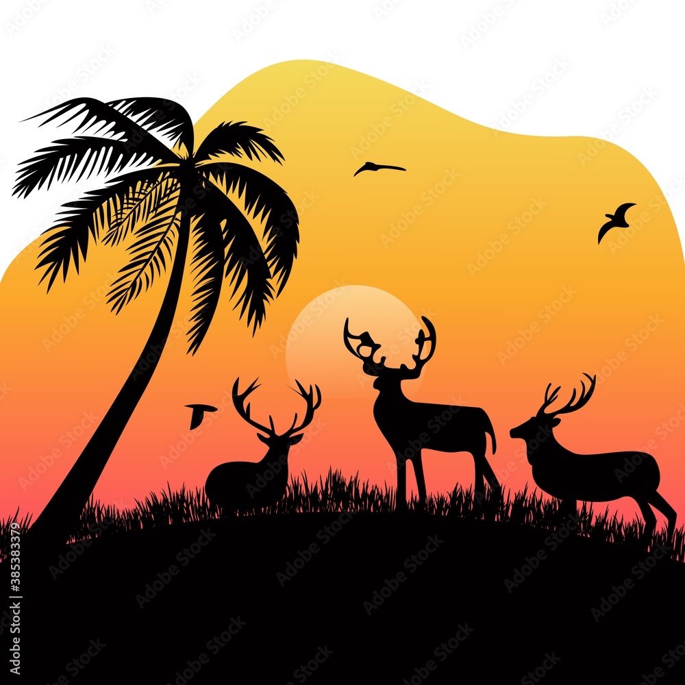 Group deer on meadow flying bird coconut tree at dusk silhouette with flat style