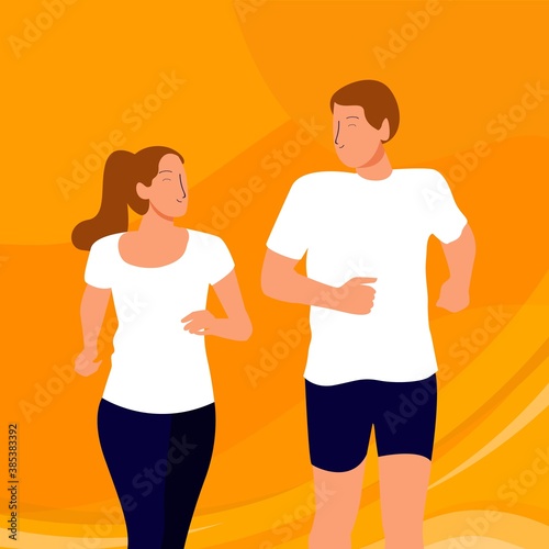 couple runners very harmonies with flat cartoon style