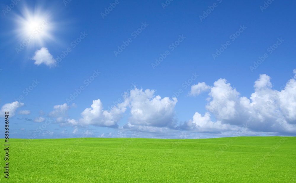 Naklejka premium 緑の草原と雲と太陽