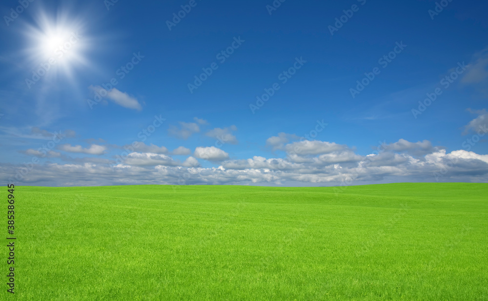 緑の草原と雲と太陽