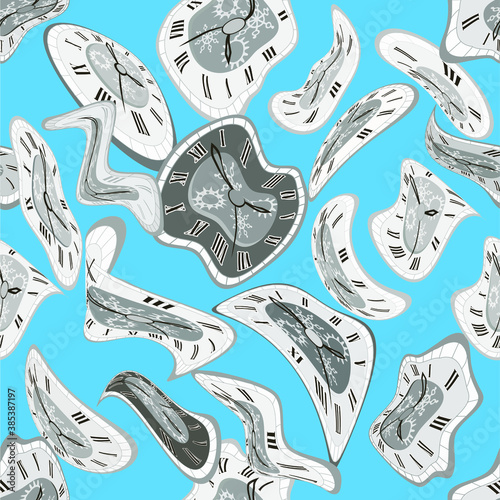 Time, the clock is distorted. Seamless pattern.

