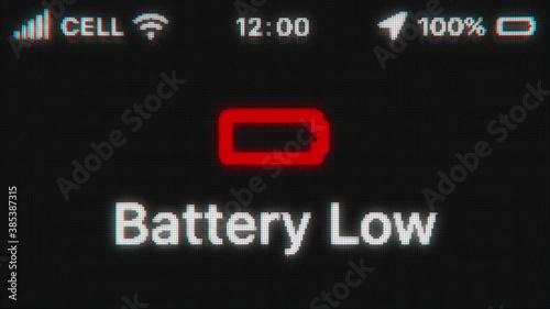 Battery Low appear on old display. Pixeled text animation with phone hud. Red battery icon. 4k 60 fps.