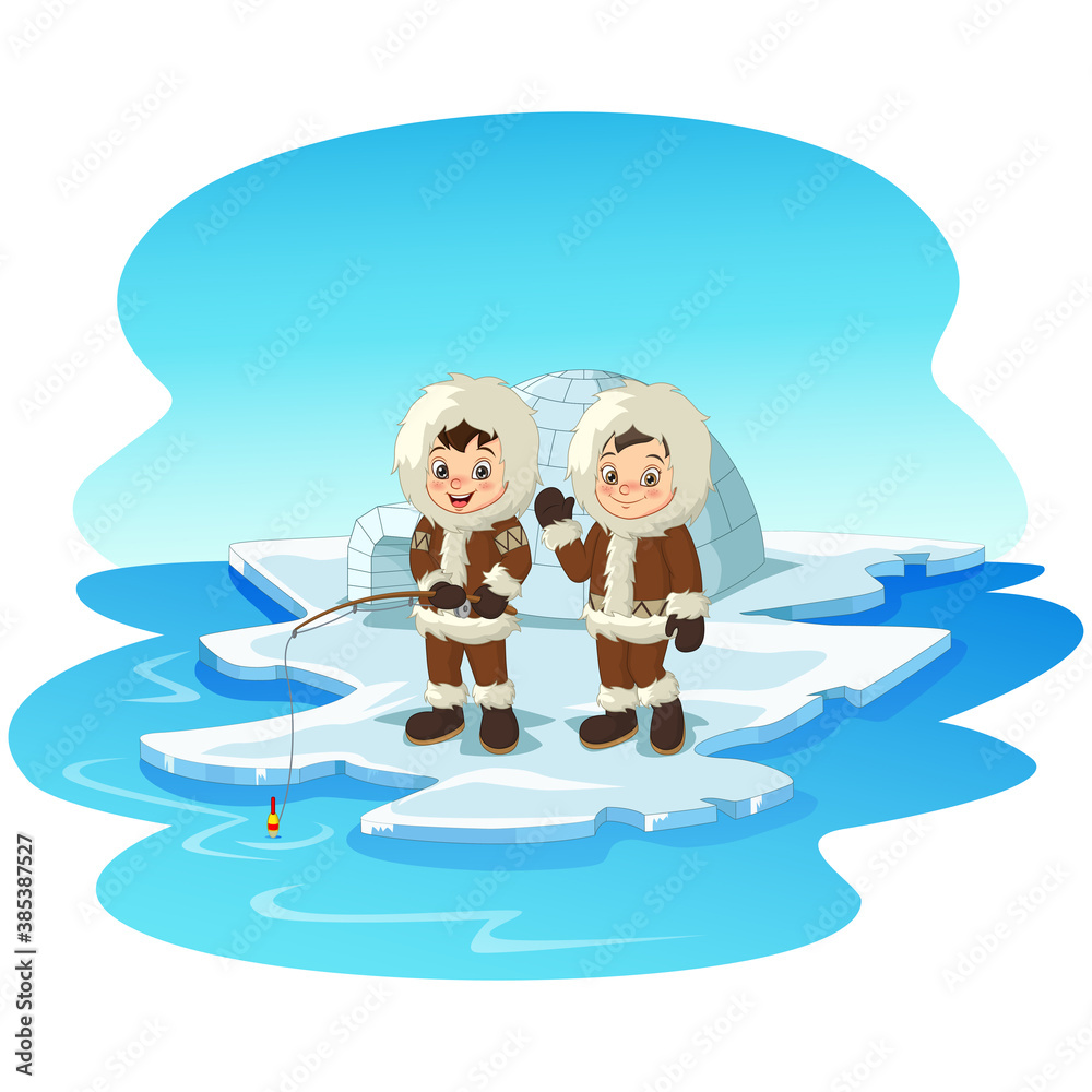 Cartoon Arctic eskimo kids fishing on ice floe Stock Vector