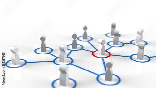 Chain of human figurines connected by blue lines. Cooperation and interaction between people and employees. Dissemination of information in society, rumors. Social contacts. 3D CG. 3D illustration.