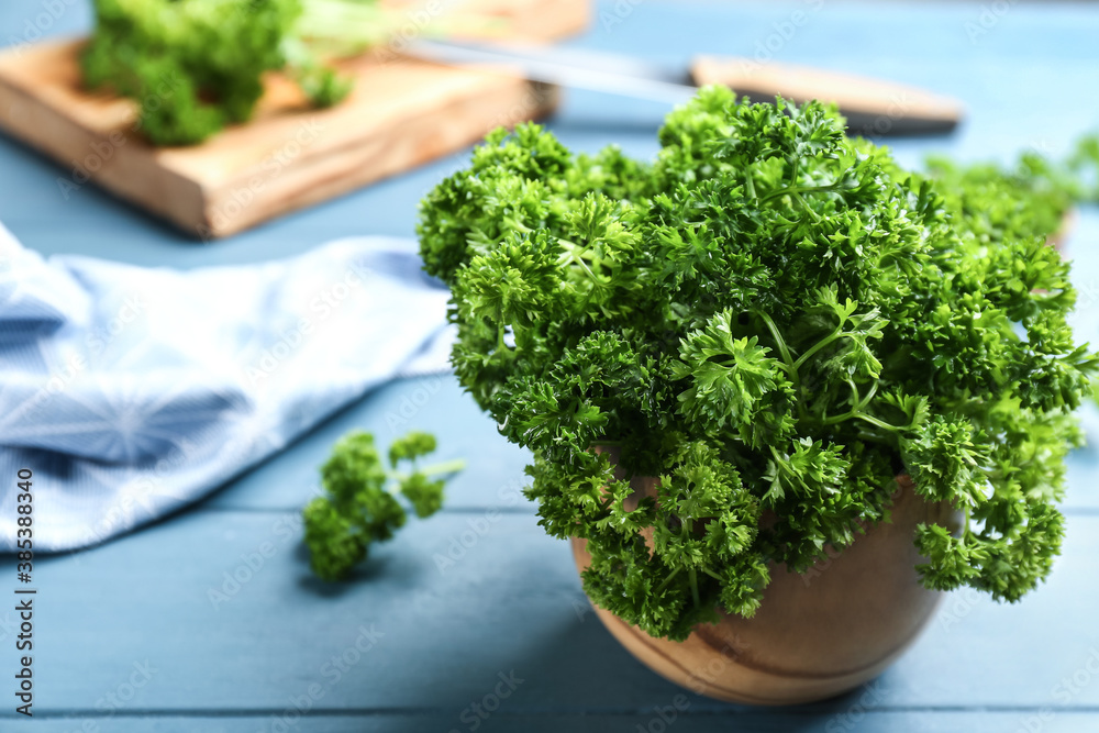 Fresh curly parsley in wooden bowl on blue table Fresh curly parsley in wooden bowl on blue table