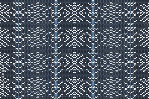 Christmas and Winter holiday knitting pattern for plaid, sweater design. Vector seamless pattern in blue, white colors with snowflakes.