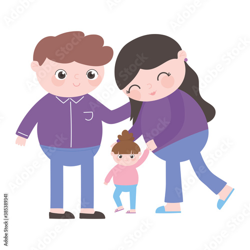 pregnancy and maternity, cute parents with little daughter walking