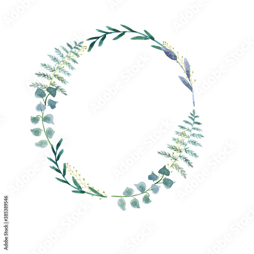 Hand drawn watercolor illustration. Botanical wreath of green branches and leaves. Design elements. Perfect for invitations  greeting cards  prints  posters  packing