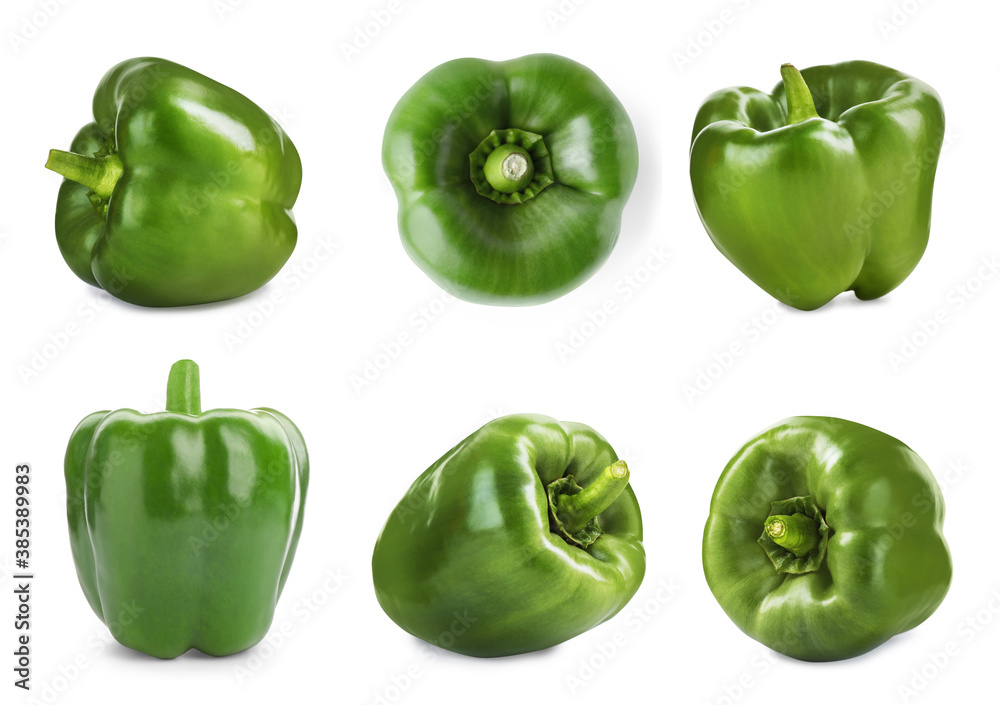 Set of fresh green bell peppers isolated on white Set of fresh green bell peppers isolated on white