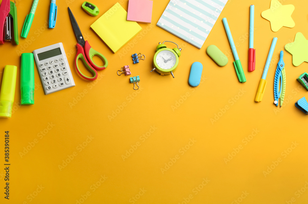 School stationery on yellow background, flat lay with space for text. Back to school - obrazy, fototapety, plakaty 