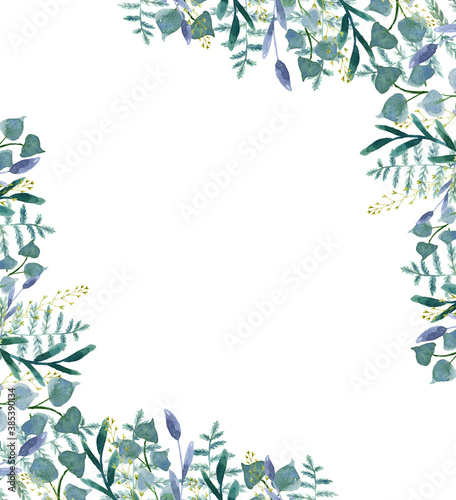 Hand drawn watercolor illustration. Weath of green branches and leaves. Design elements. Perfect for invitations, greeting cards, prints, posters.