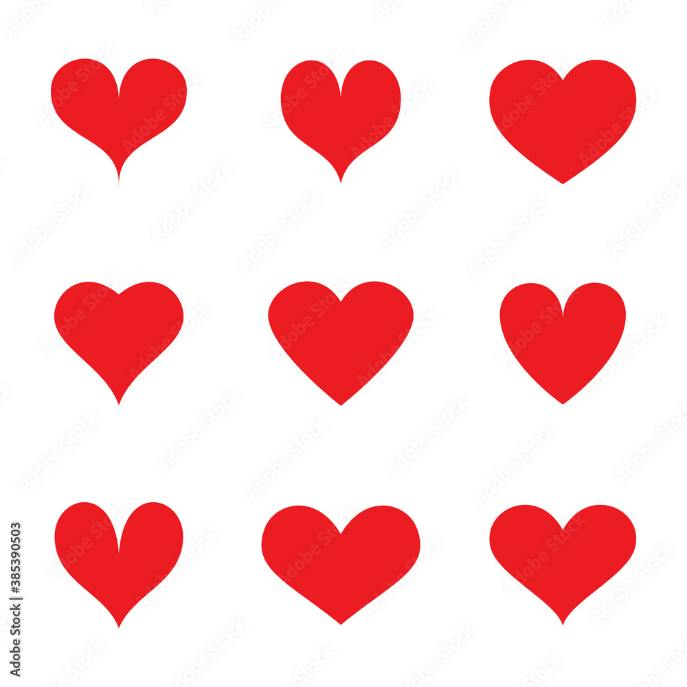 Red heart vector icons set. Flat love icon isolated on white. Heart vector for love logo, heart symbol, shape icon and Valentine's day. Cute heart vector icon for shape design, heart and love icon