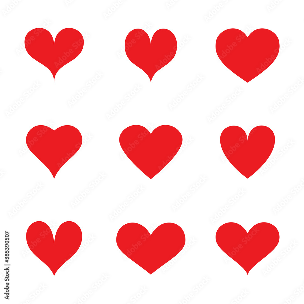 Red heart vector icons set. Flat love icon isolated on white. Heart vector for love logo, heart symbol, shape icon and Valentine's day. Cute heart vector icon for shape design, heart and love icon