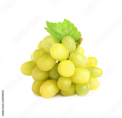 Bunch of green grapes with fresh leaf isolated on white