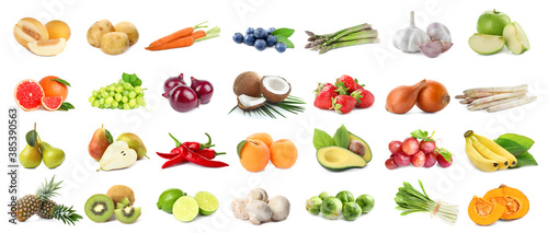 Assortment of organic fresh fruits and vegetables on white background. Banner design