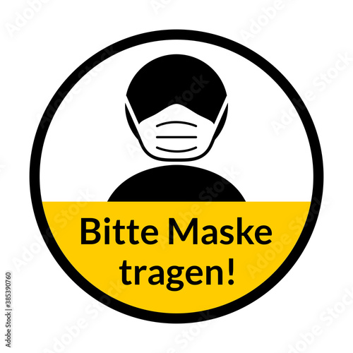 Bitte Maske tragen ("Please Wear a Face Mask" in German) Round Badge Sticker Instruction Sign. Vector Image.