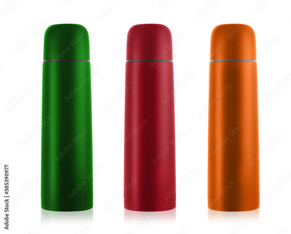 Set of modern thermoses in different colors on white background Set of modern thermoses in different colors on white background