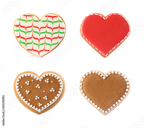 Set of Christmas heart shaped cookies on white background