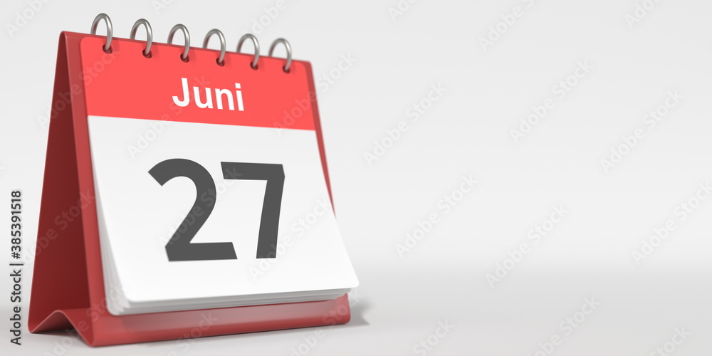 June 27 date written in German on the flip calendar page. 3d rendering June 27 date written in German on the flip calendar page. 3d rendering