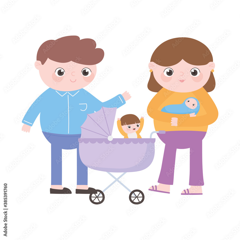 pregnancy and maternity, parents with baby and little boy in the pram pregnancy and maternity, parents with baby and little boy in the pram
